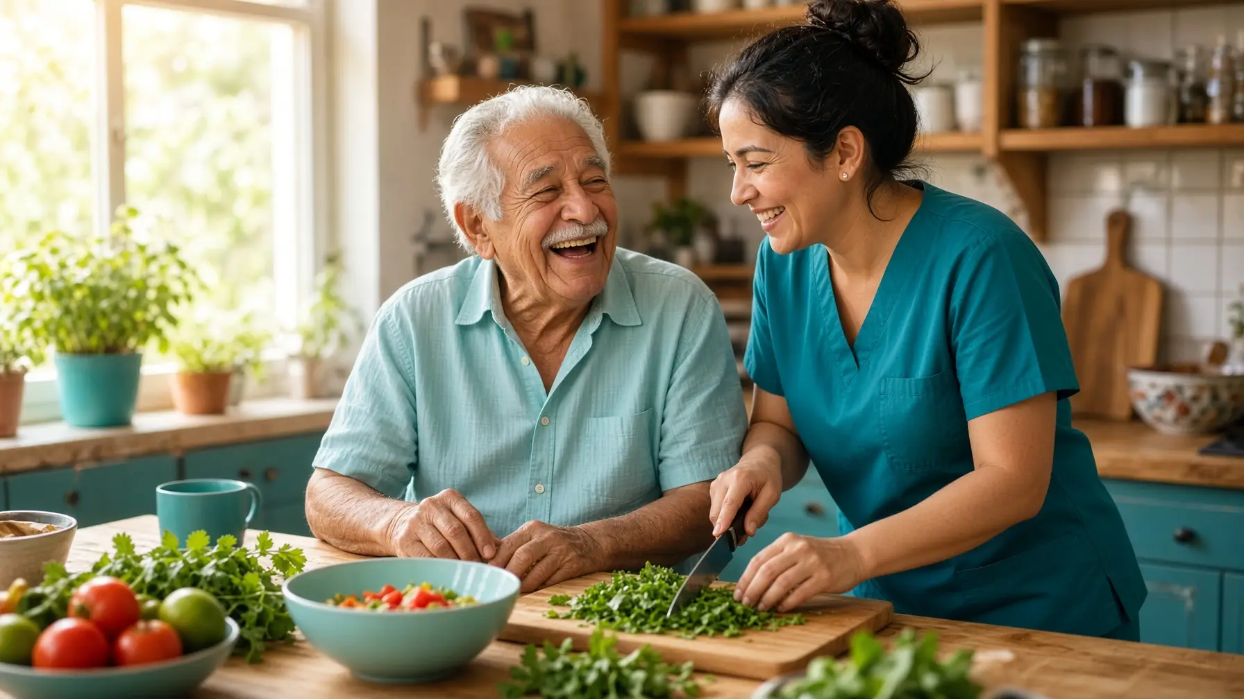 Senior and caregiver preparing a meal together at home